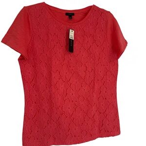 Talbots Lace-front Top Blouse Women Size Medium Salmon Short Sleeves Floral